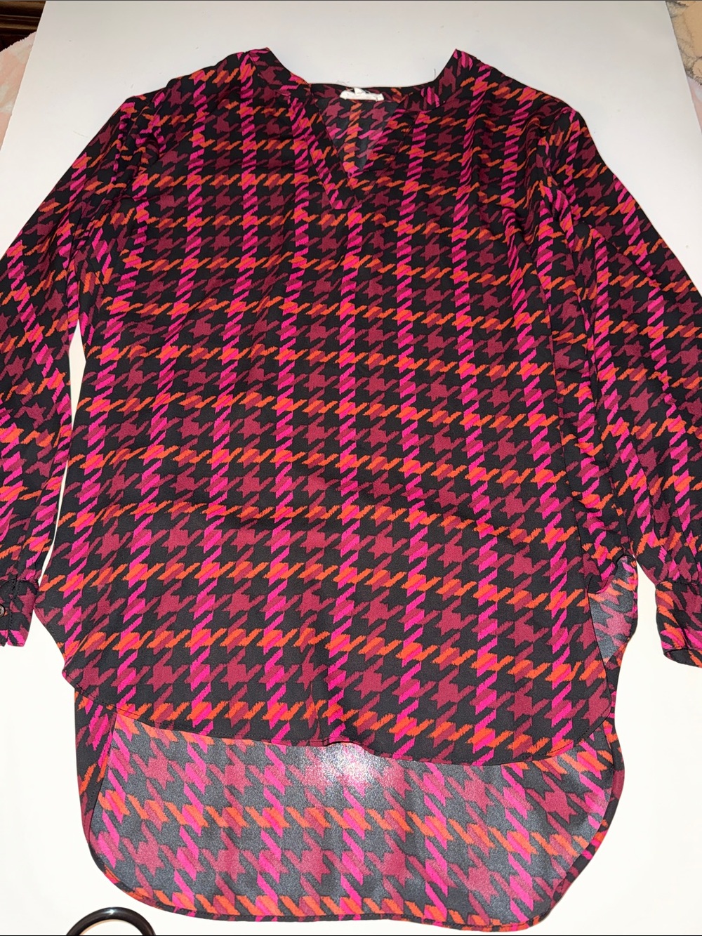 Maurices Black Houndstooth Blouse with Pink & Orange Accents